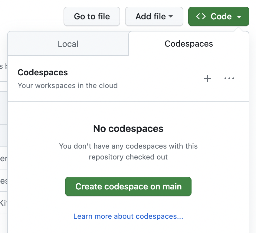 Screenshot of codespace create dialog in a repository on GitHub